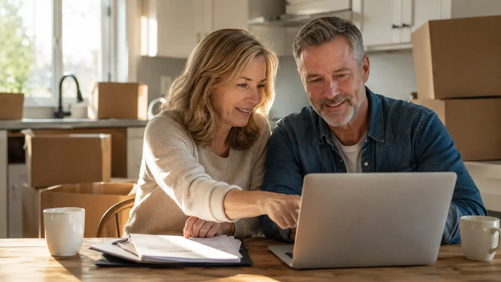 A couple sitting at a sunlit kitchen table in a new home with half-unpacked moving boxes behind them, reviewing paperwork and a laptop together while planning their South Carolina home purchase
