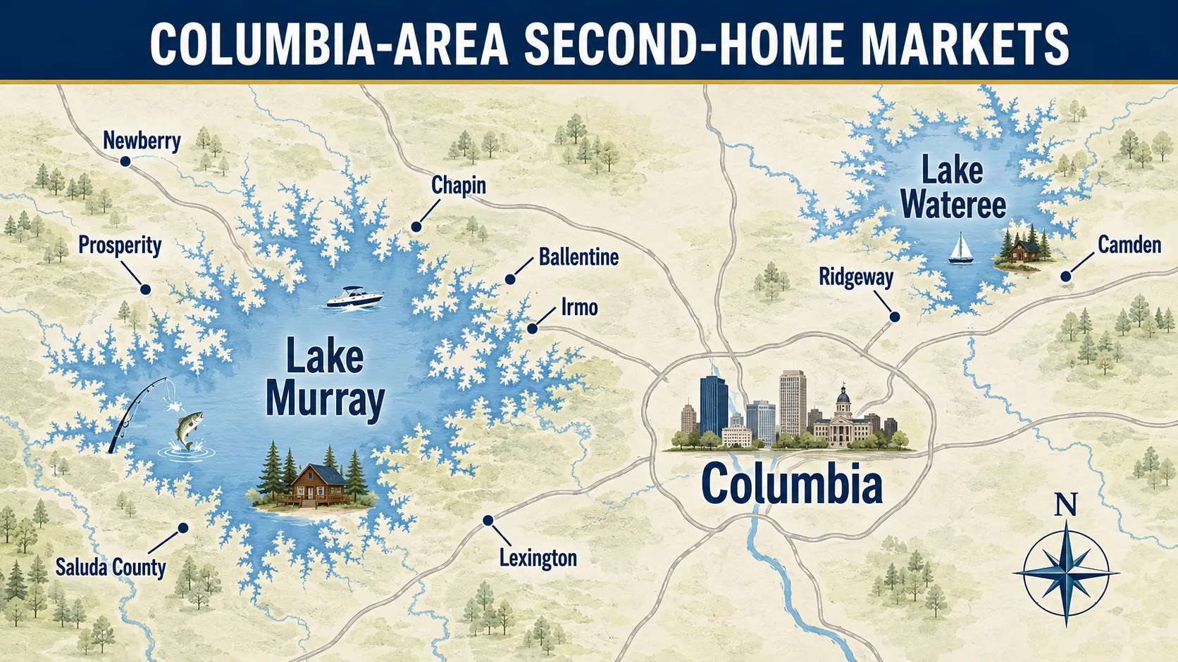 Map of Columbia SC second-home areas including Lake Murray, Chapin, Lexington, Prosperity, and Lake Wateree
