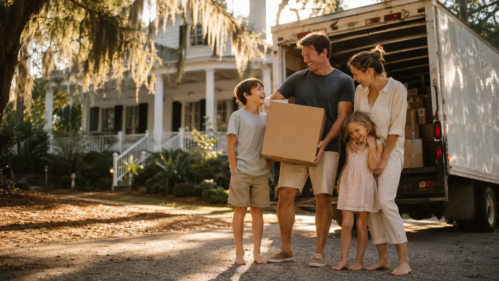 A family standing with moving boxes in front of a rented moving truck outside a Lowcountry-style home with a deep front porch and live oaks, on moving day in South Carolina