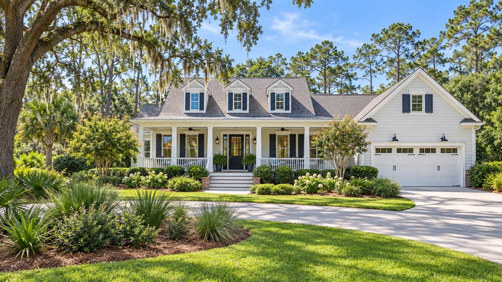 White porch-front home beneath a large oak tree, with a landscaped lawn