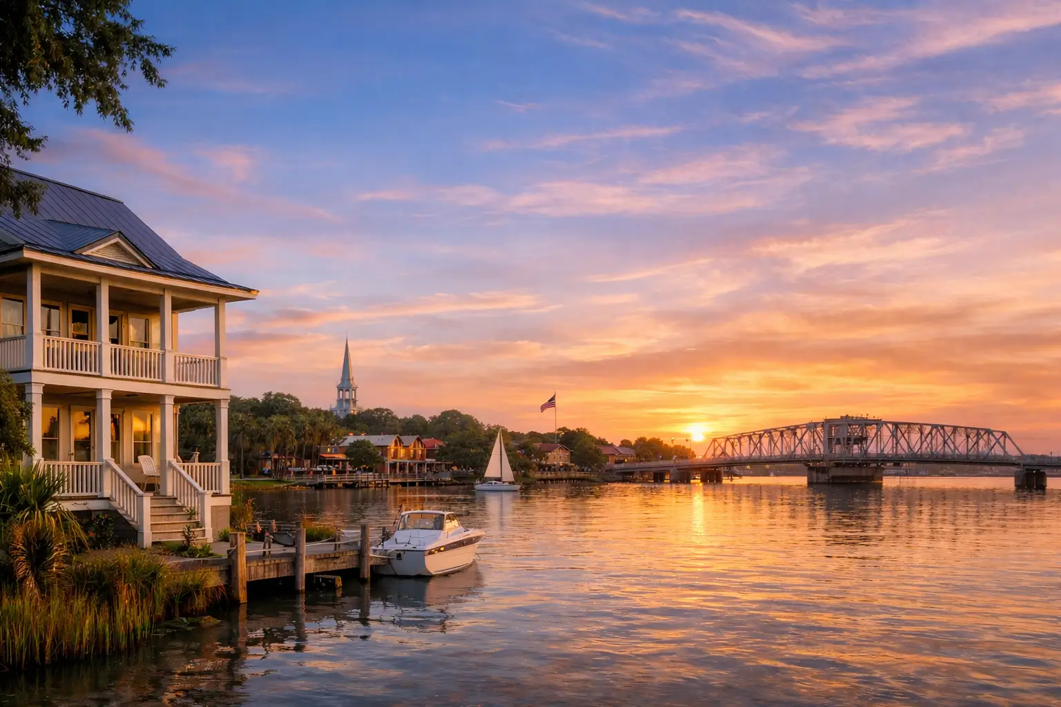 Waterfront home, boats and a bridge at sunset