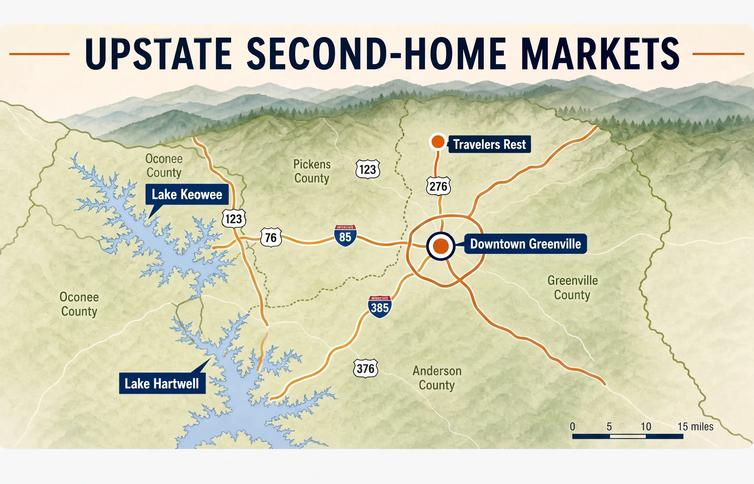 Map of Upstate South Carolina second home markets showing Lake Keowee, Lake Hartwell, Travelers Rest and downtown Greenville across Oconee, Pickens, Anderson and Greenville counties