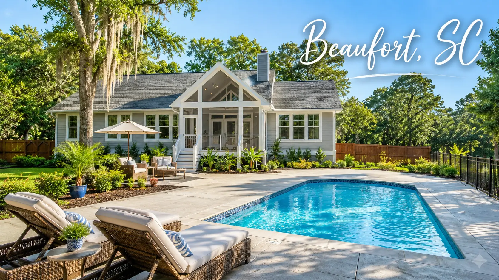 Beaufort South Carolina investment property with a pool and Lowcountry landscaping
